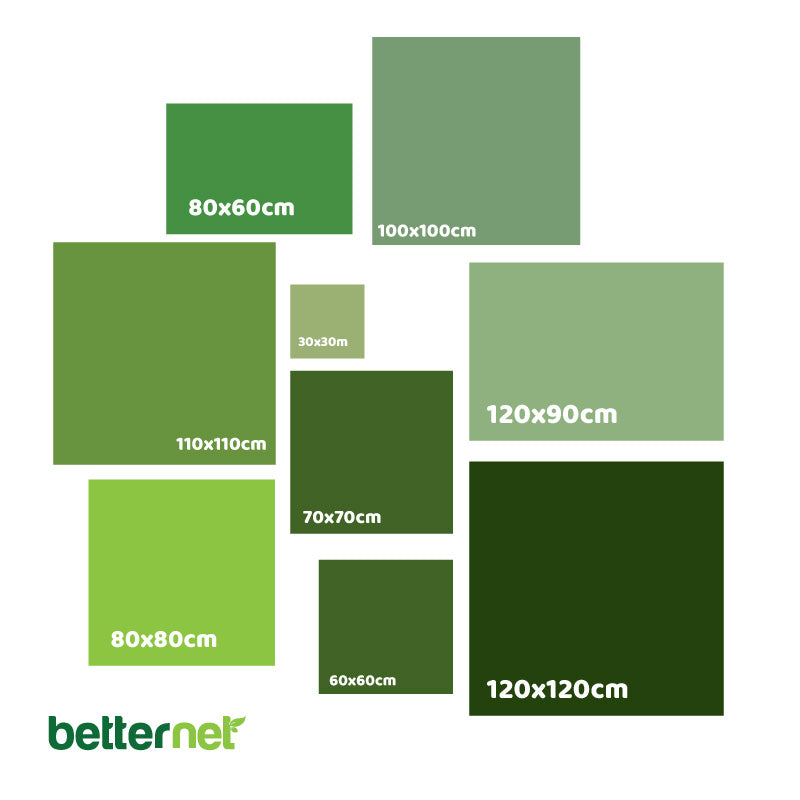30x30cm 60x60cm 100x100cm 80x80cm 120x90cm 90x90cm 70x70cm 120x120cm Grownetz Größen growber betternet